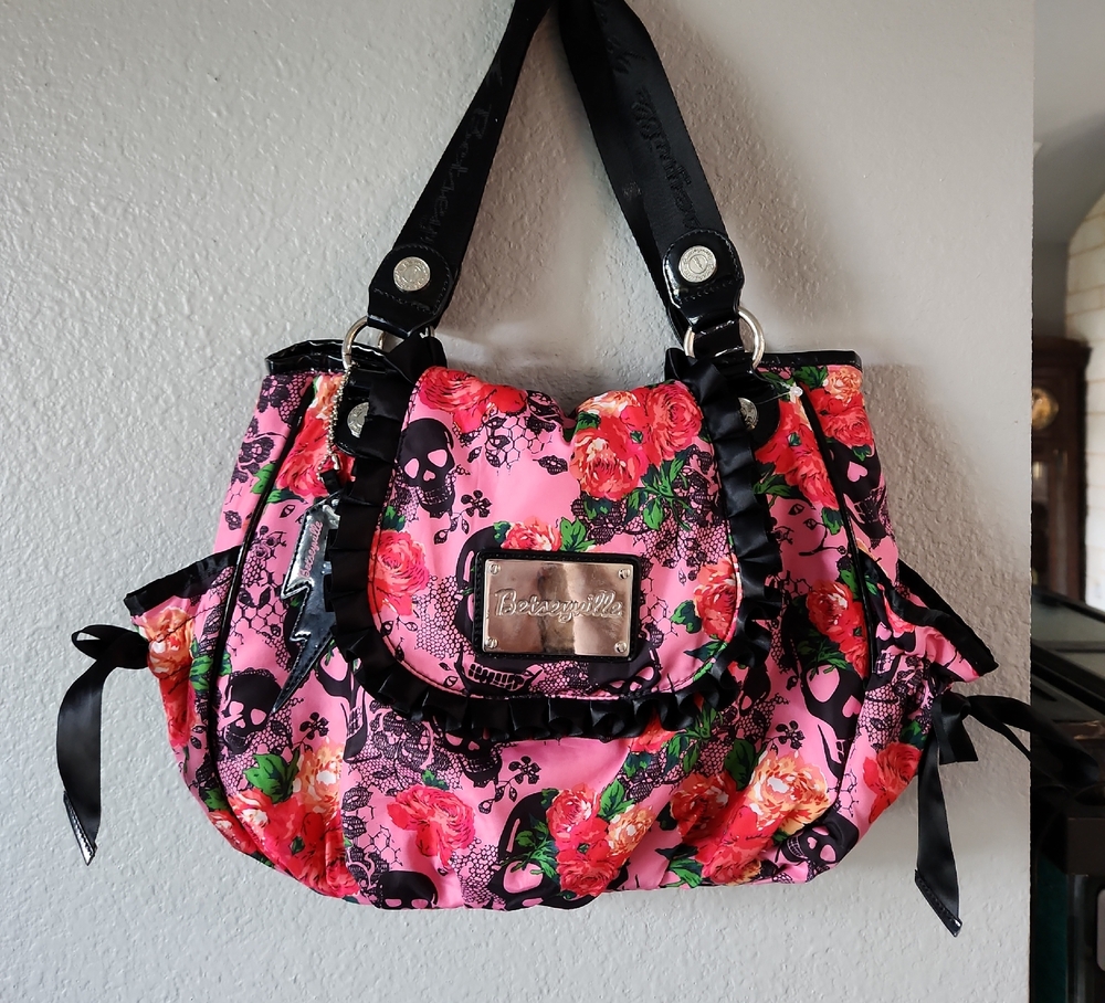Betsey Johnson Pink Floral Skull Shoulder Bag